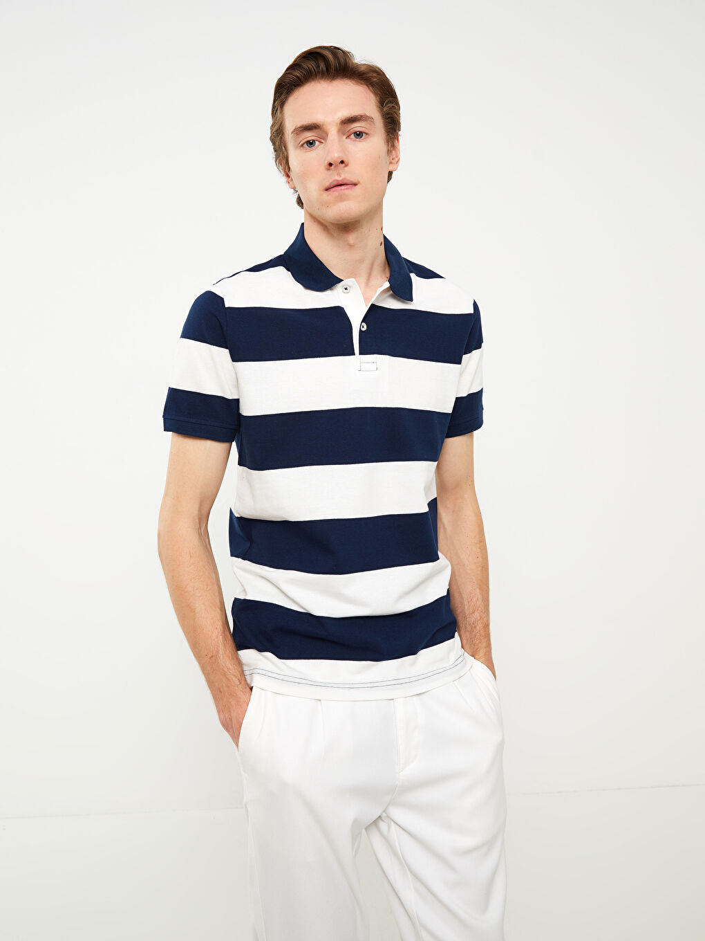 Lacivert Polo Yaka Kısa Kollu Çizgili Pike Erkek Tişört