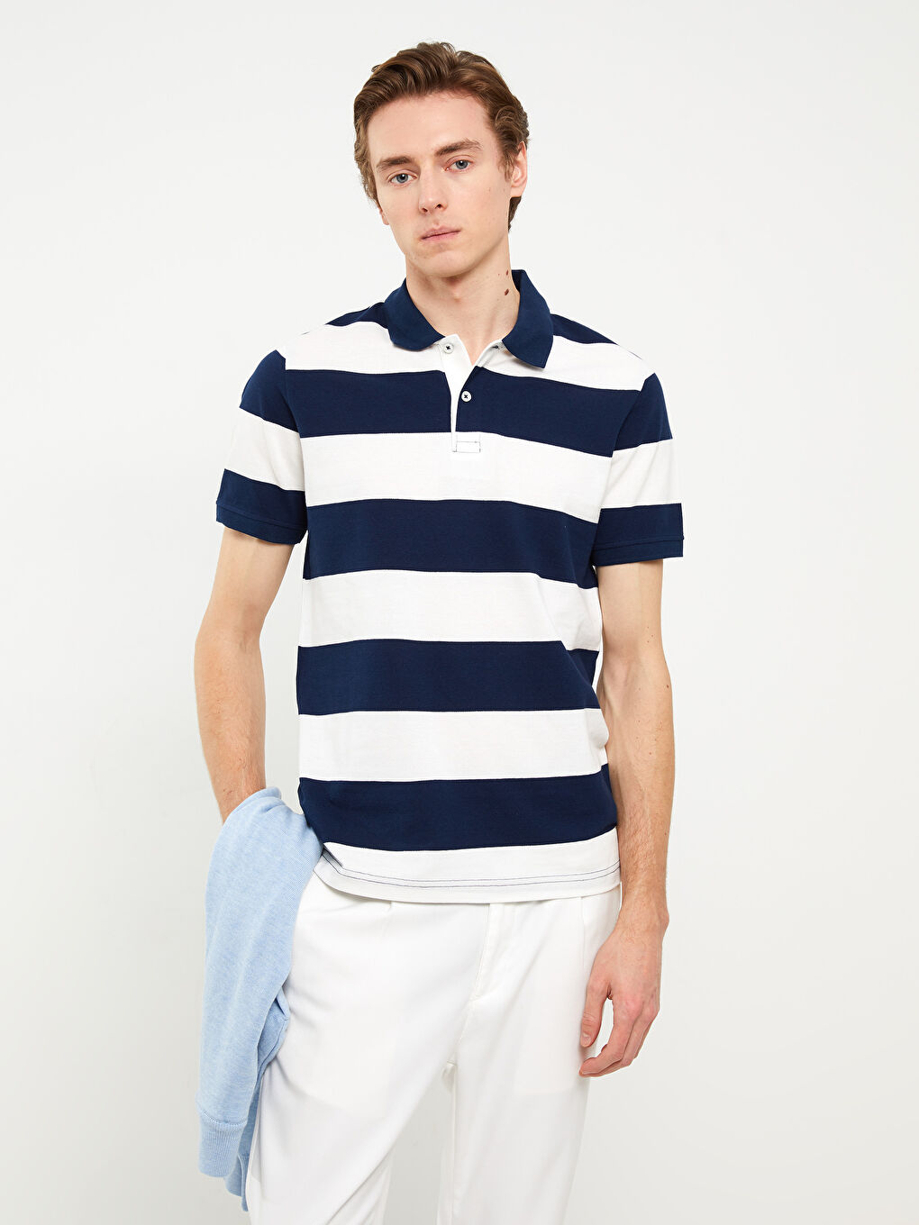 Lacivert Polo Yaka Kısa Kollu Çizgili Pike Erkek Tişört-1