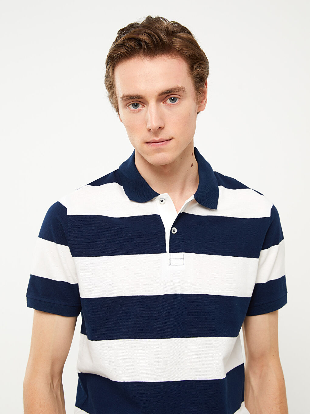 Lacivert Polo Yaka Kısa Kollu Çizgili Pike Erkek Tişört-2