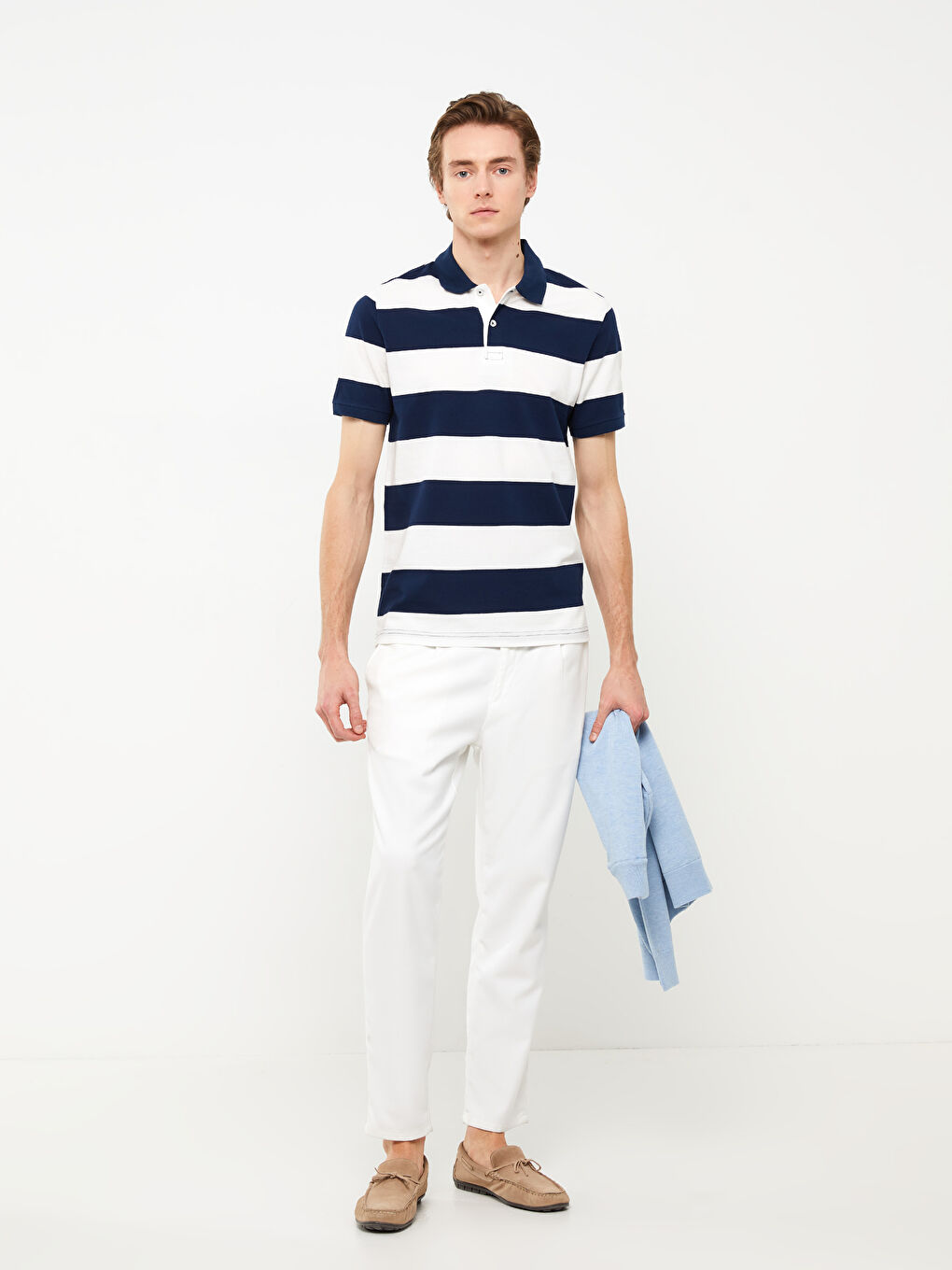 Lacivert Polo Yaka Kısa Kollu Çizgili Pike Erkek Tişört-3