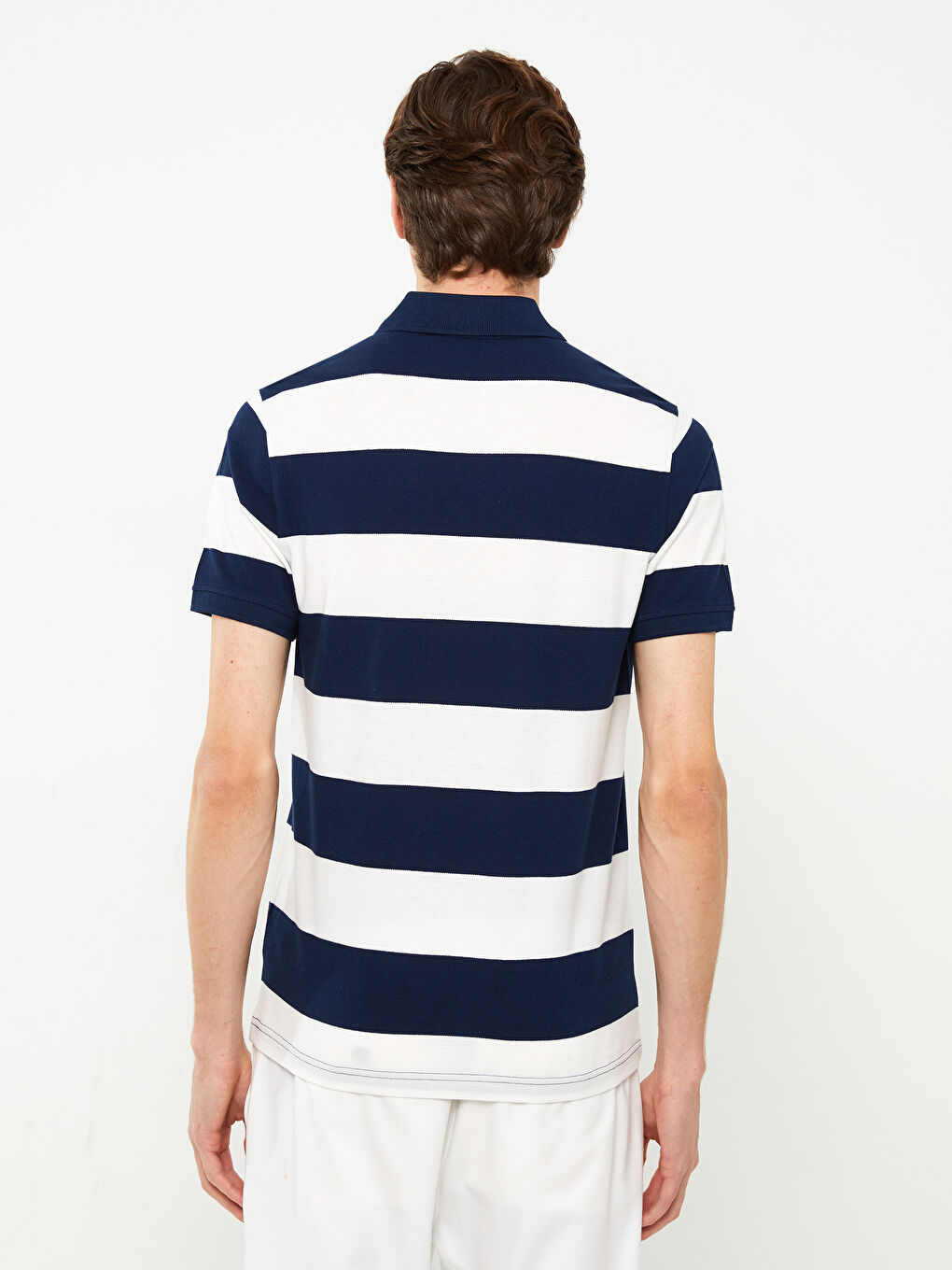 Lacivert Polo Yaka Kısa Kollu Çizgili Pike Erkek Tişört-5