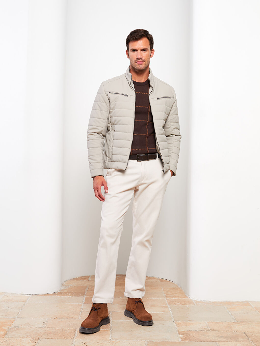 Bej Slim Fit Erkek Deri Görünümlü Mont