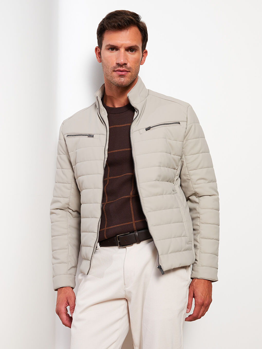 Bej Slim Fit Erkek Deri Görünümlü Mont-1