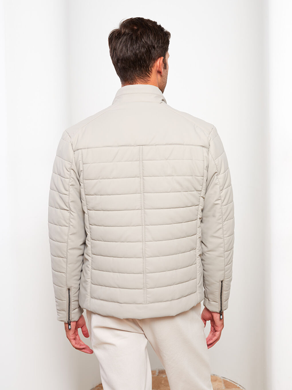 Bej Slim Fit Erkek Deri Görünümlü Mont-4