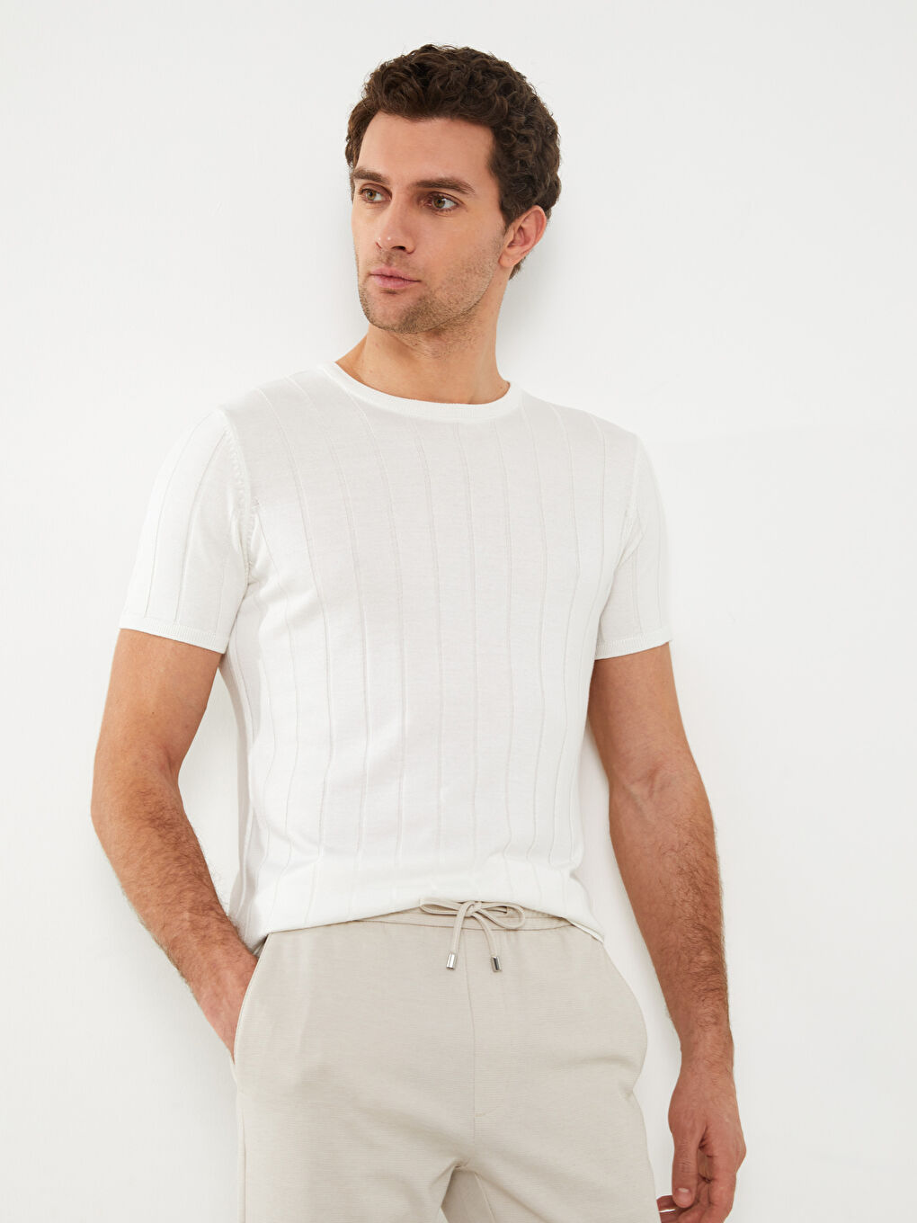 Pulover Tricotat pentru Bărbați cu Mânecă Scurtă și Guler Rotund