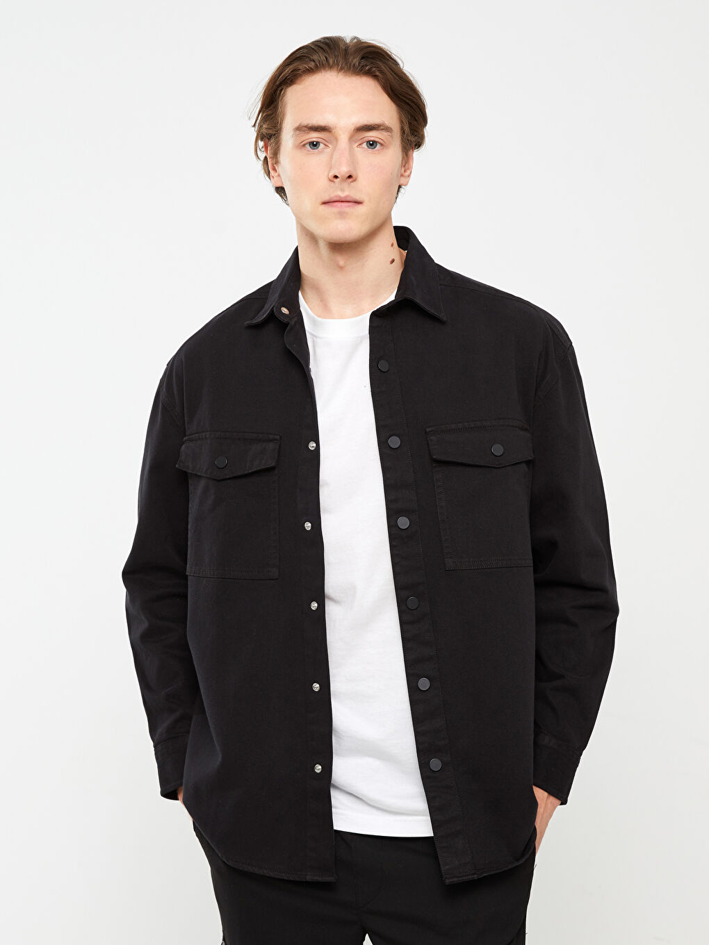 Relaxed Fit Long Sleeve Twill Men's Shirt Jacket -S31459Z8-RQL