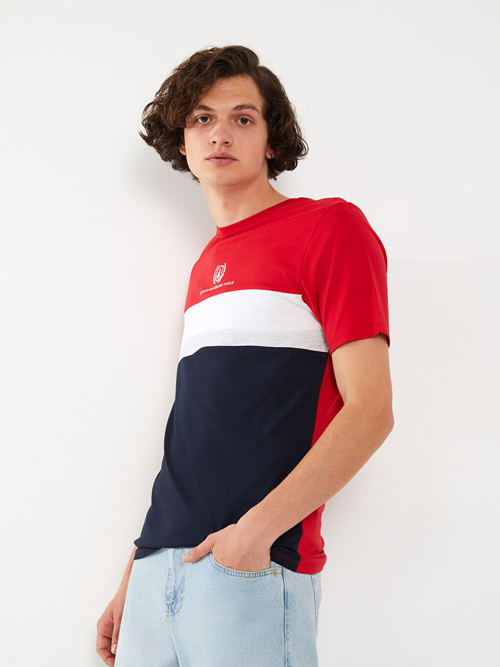 Tricou pentru Bărbați cu Guler Rotund, Mânecă Scurtă, Bloc de Culoare, Jerseu