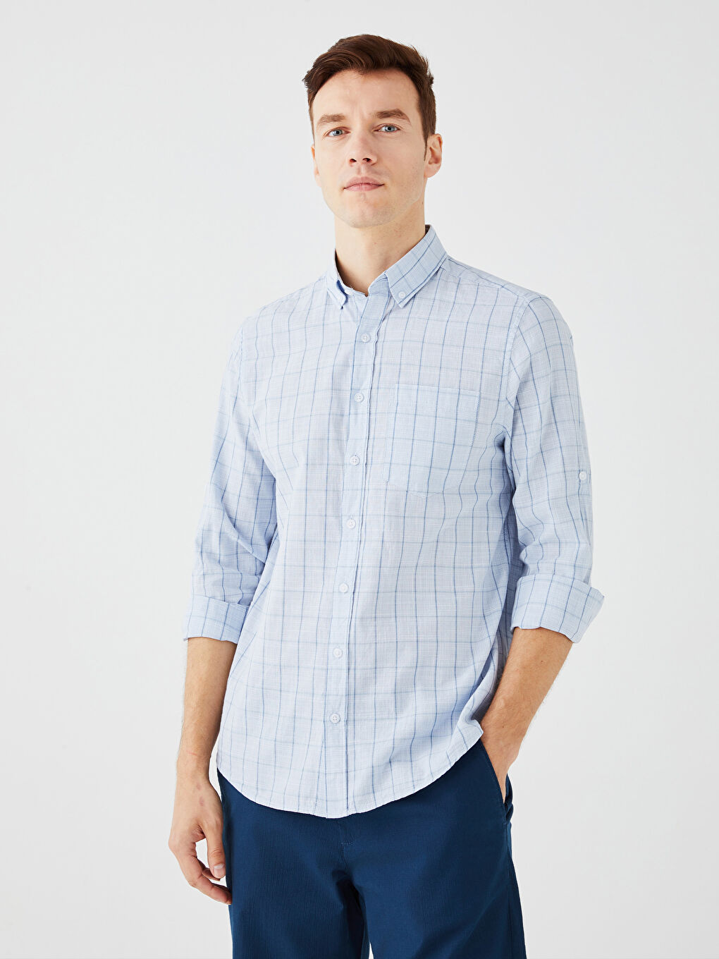 قميص بوبلين كاروهات كم طويل عادي للرجال