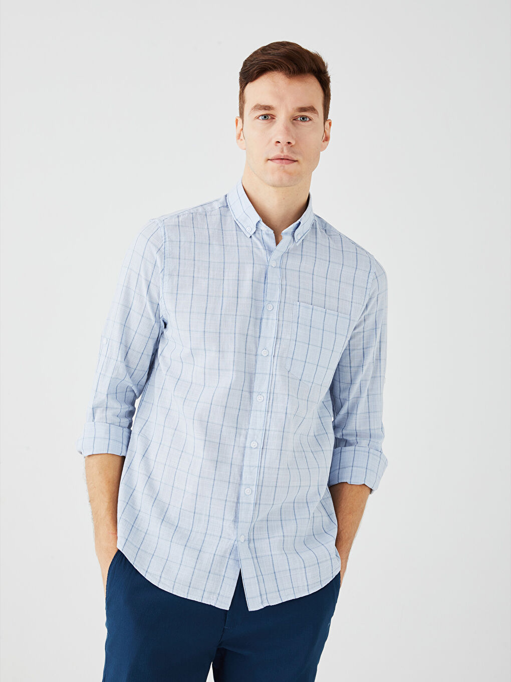 قميص بوبلين كاروهات كم طويل عادي للرجال-1