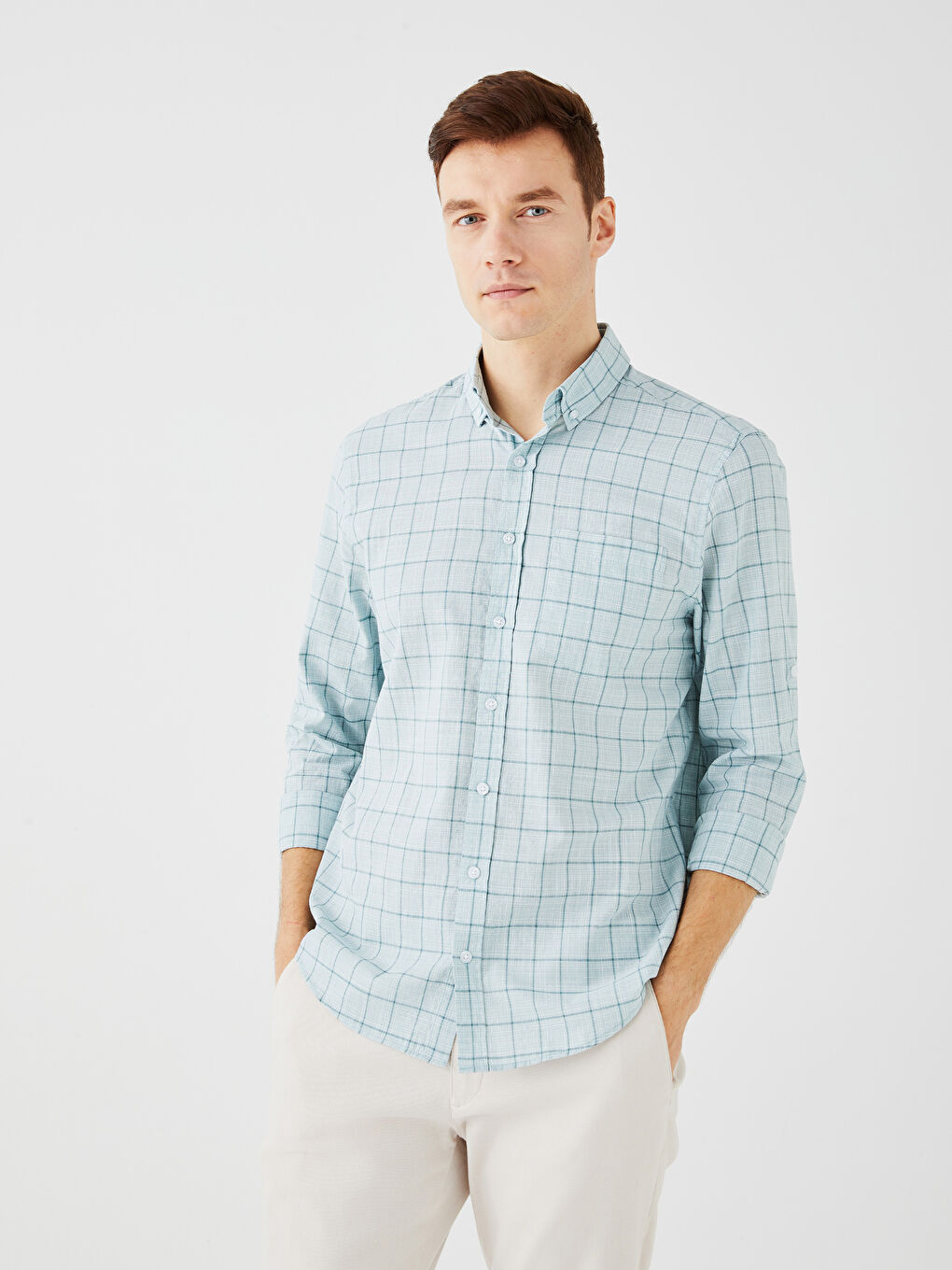 Рубашка Мужская Поплиновая Клетчатая Стандартного Кроя С Длинным Рукавом