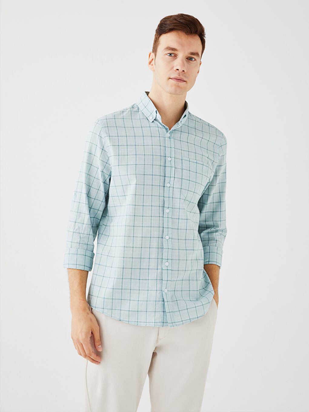 Рубашка Мужская Поплиновая Клетчатая Стандартного Кроя С Длинным Рукавом-1