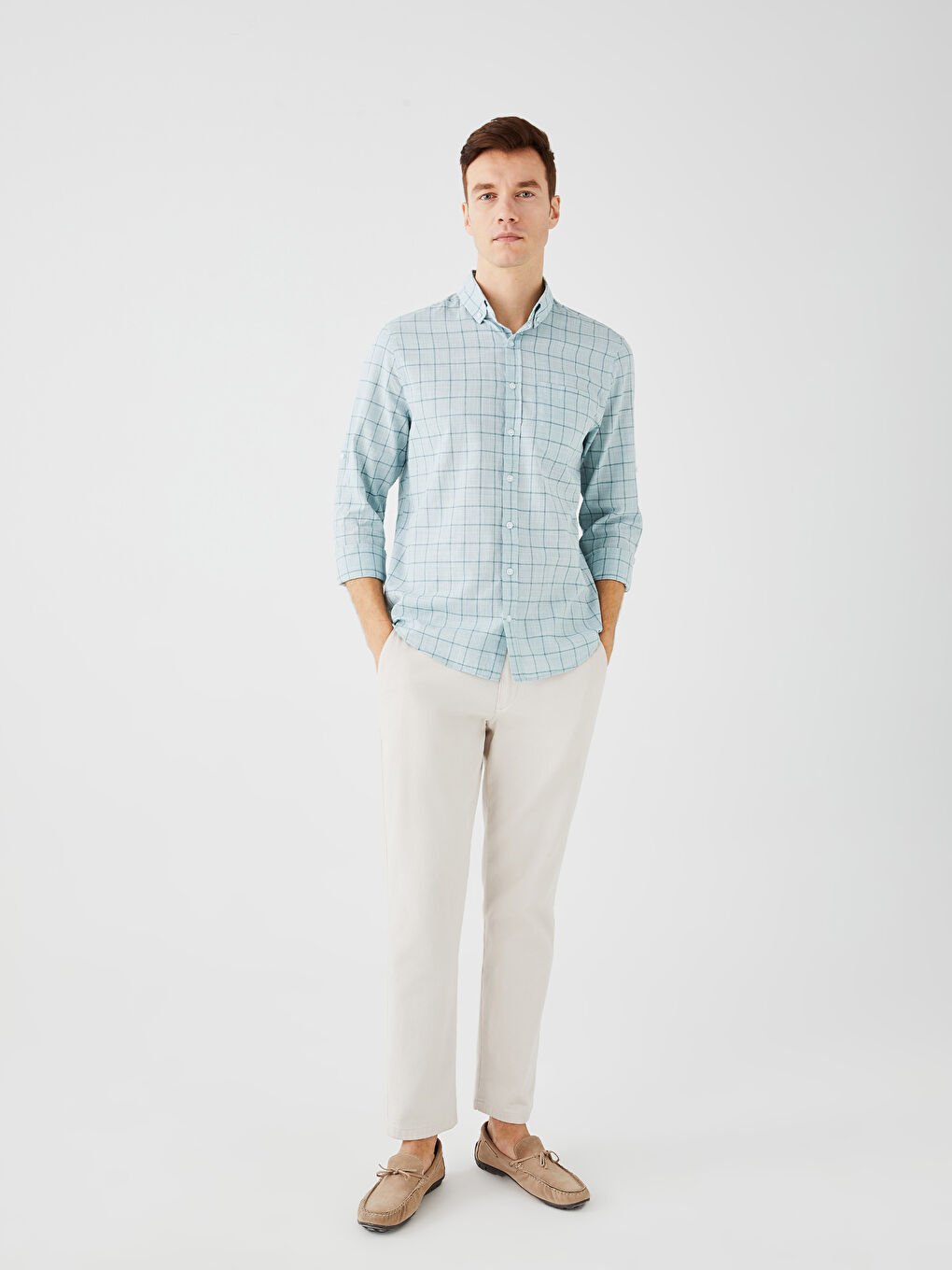 Рубашка Мужская Поплиновая Клетчатая Стандартного Кроя С Длинным Рукавом-2