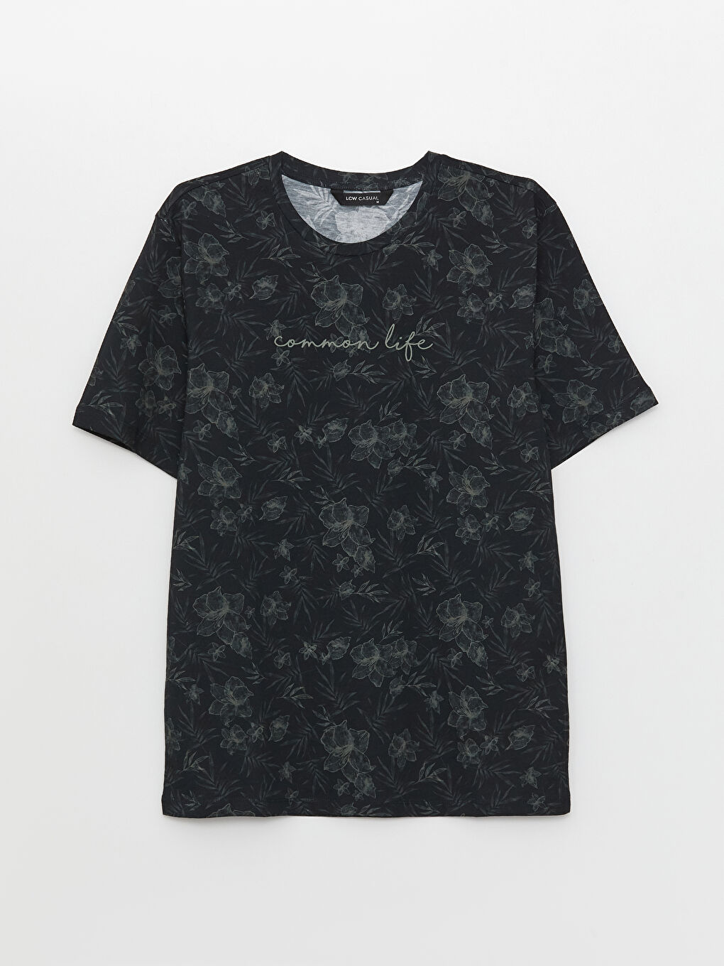 Siyah Bisiklet Yaka Kısa Kollu Desenli Penye Erkek Tişört-5