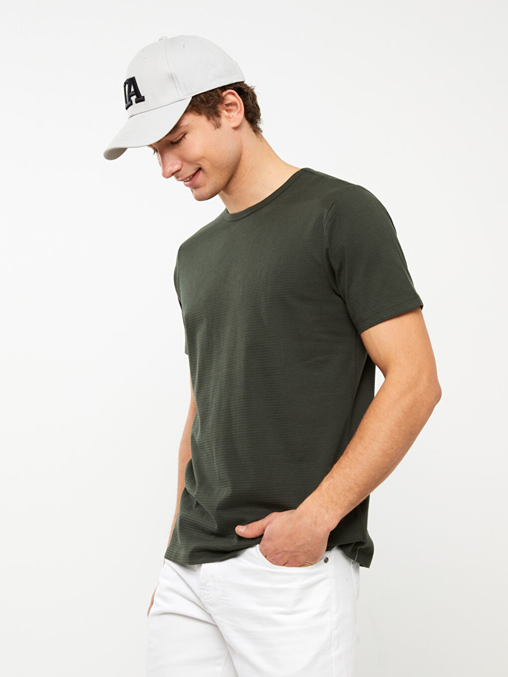 Haki Bisiklet Yaka Kısa Kollu Erkek Tişört-1