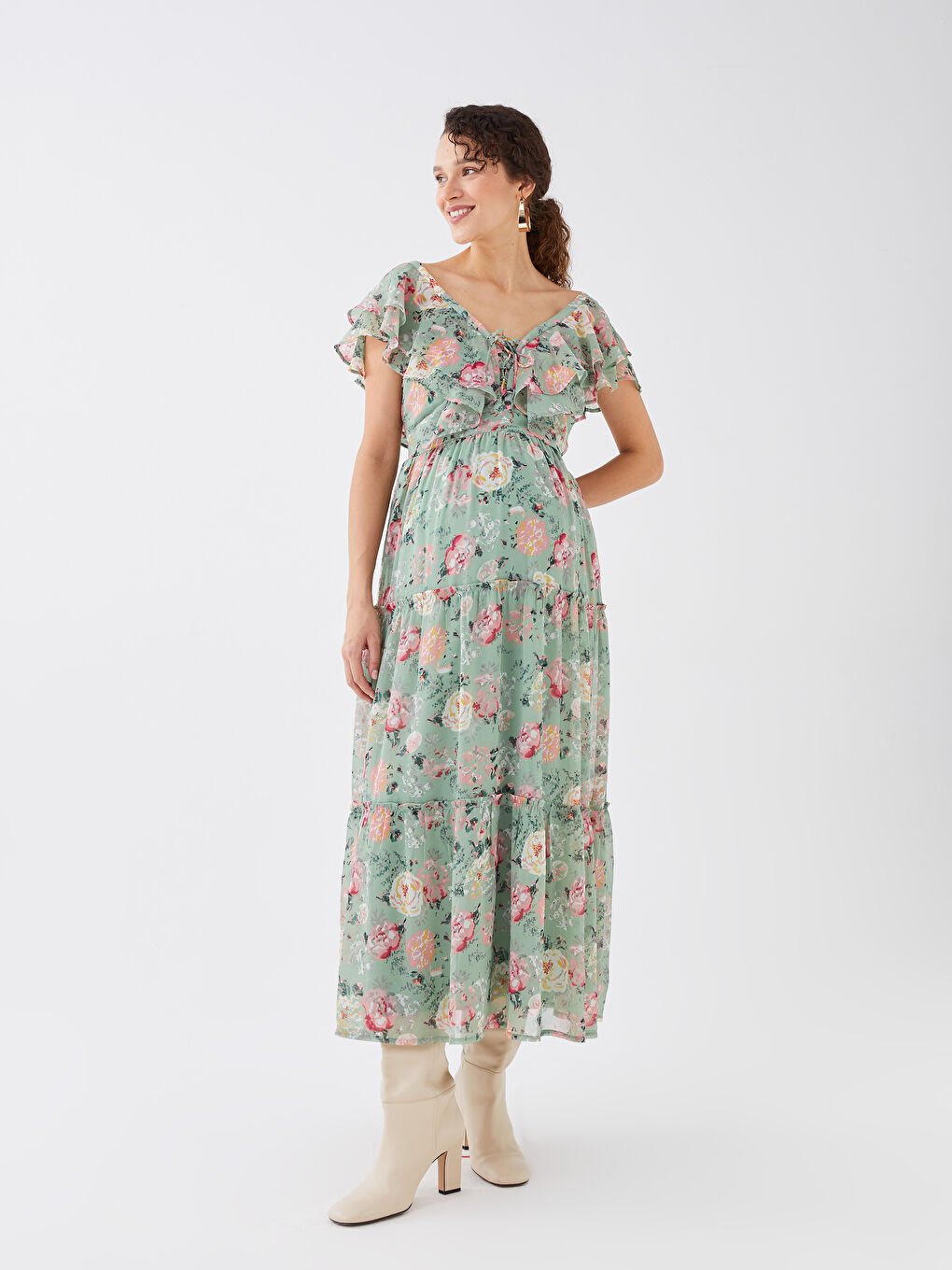 Yeşil V Yaka Desenli Kısa Kollu Hamile Elbise