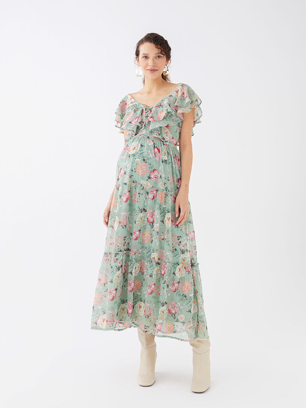 Yeşil V Yaka Desenli Kısa Kollu Hamile Elbise-1