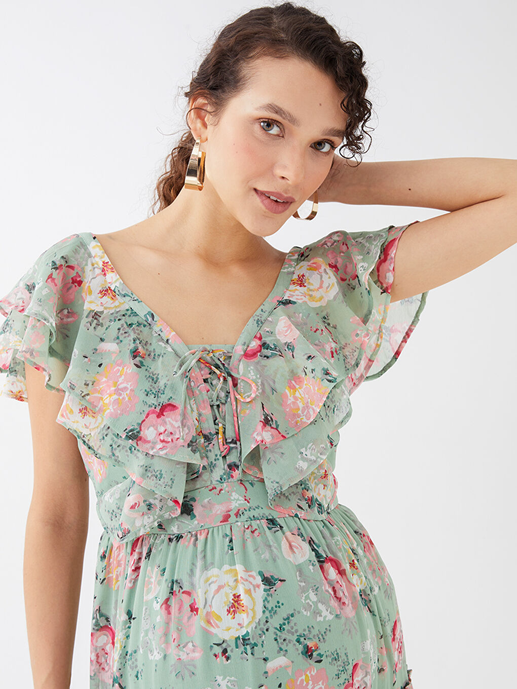 Yeşil V Yaka Desenli Kısa Kollu Hamile Elbise-2