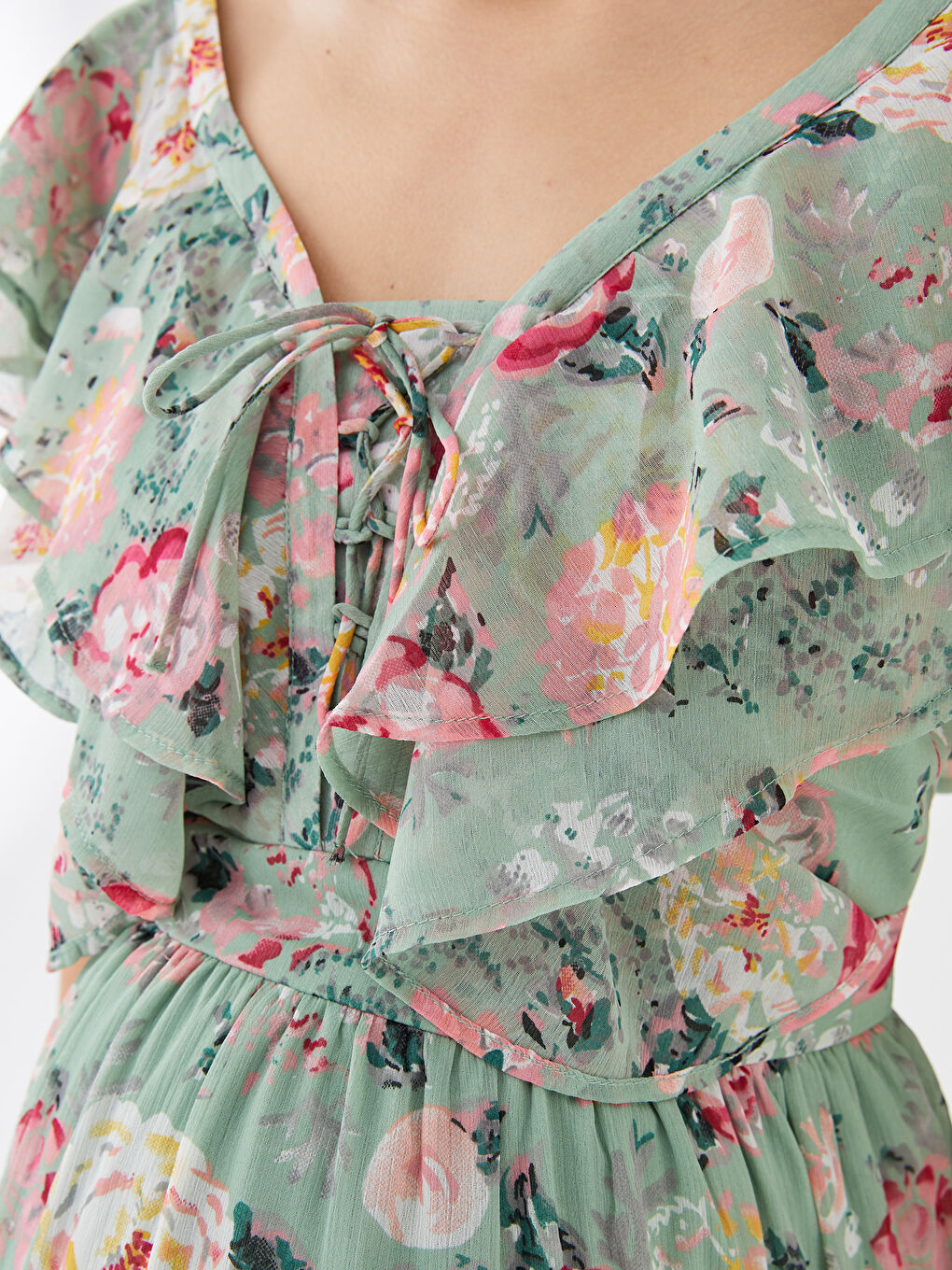 Yeşil V Yaka Desenli Kısa Kollu Hamile Elbise-3