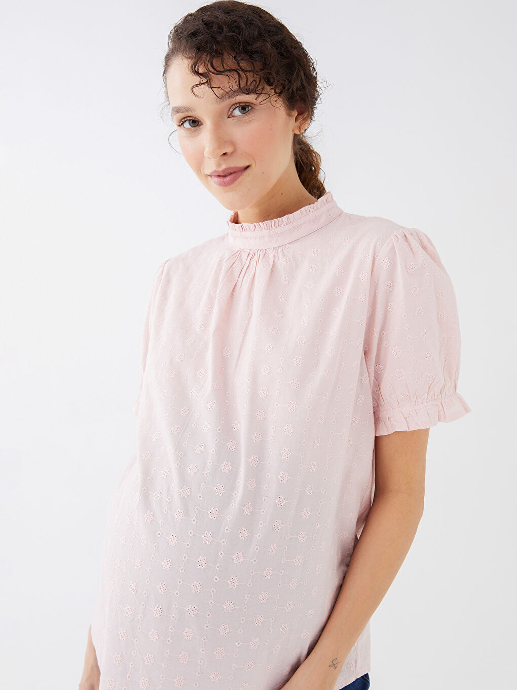 High Collar Embroidered Short Sleeve Maternity Blouse -S31501Z8-SUE