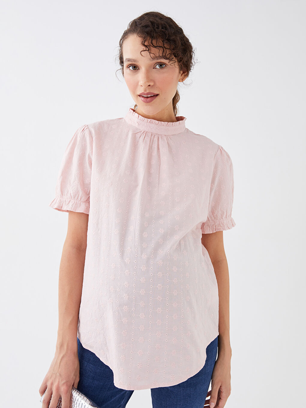High Collar Embroidered Short Sleeve Maternity Blouse -S31501Z8-SUE
