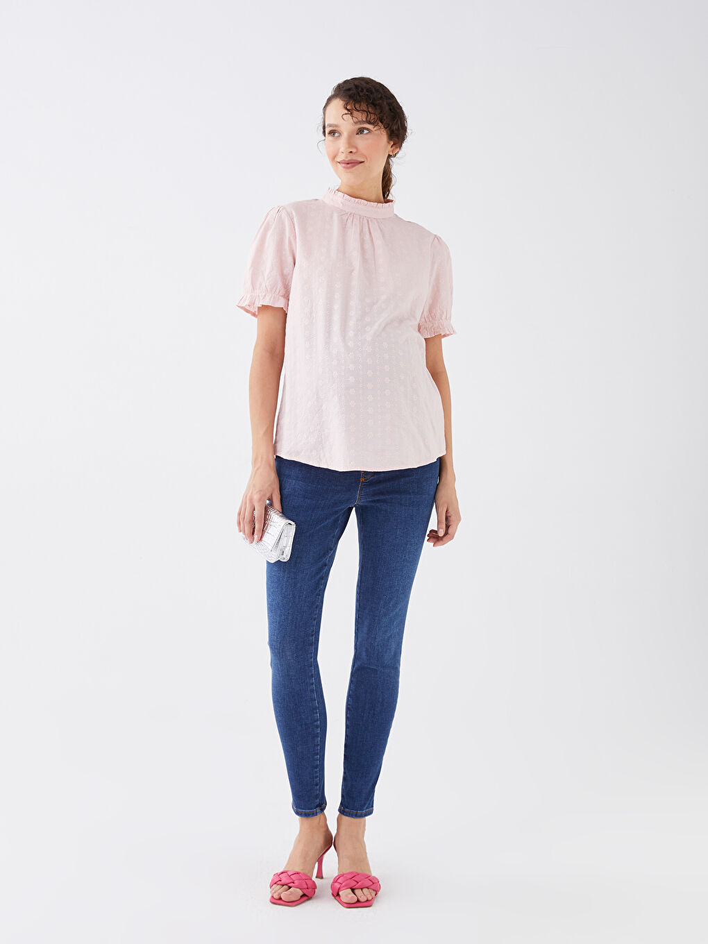 High Collar Embroidered Short Sleeve Maternity Blouse -S31501Z8-SUE