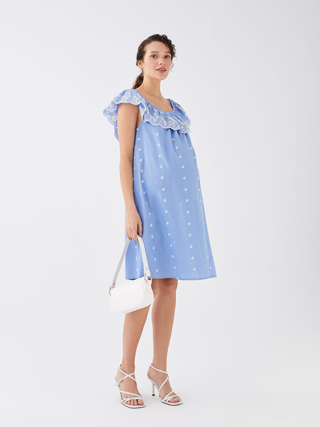 LCWAIKIKI Maternity Boat Neck Embroidered Poplin Maternity Dress -S31502Z8-SUF