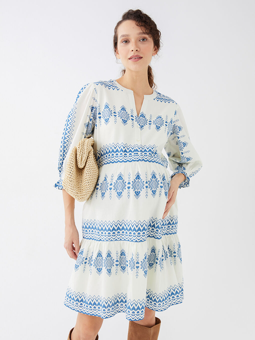 Henley Neckline Patterned Poplin Maternity Dress