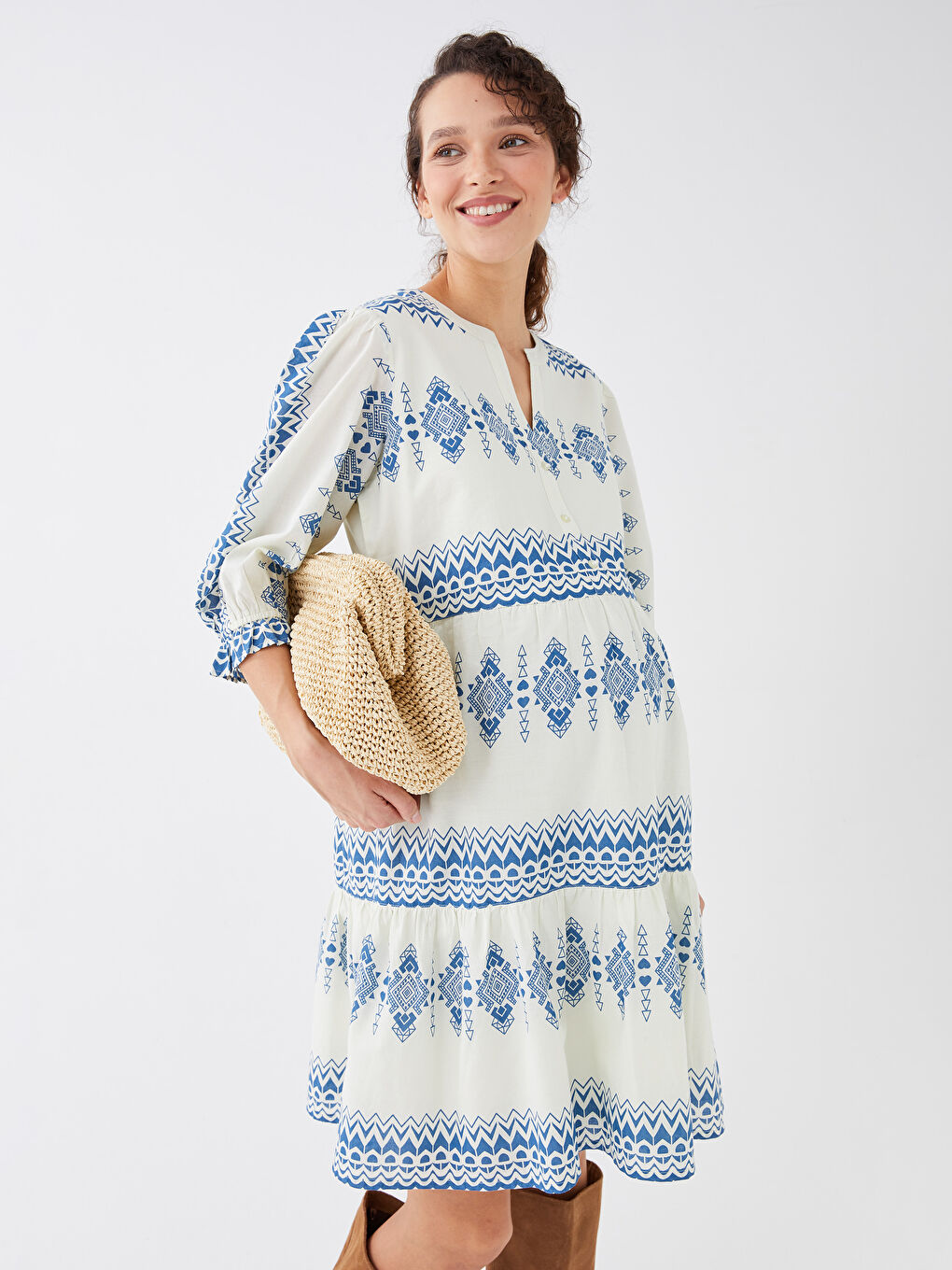 Henley Neckline Patterned Poplin Maternity Dress-1