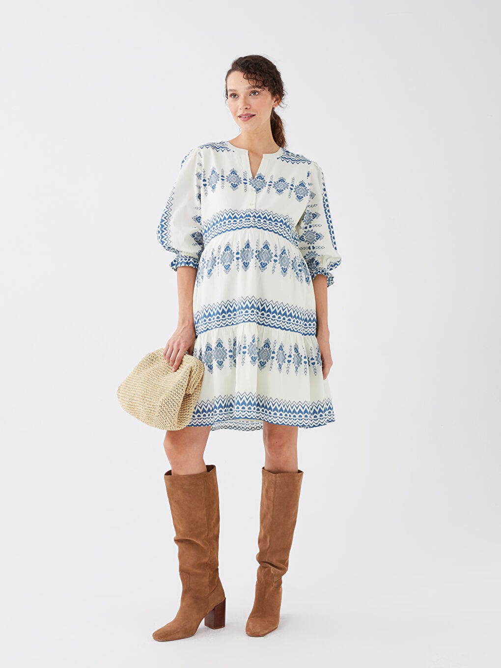 Henley Neckline Patterned Poplin Maternity Dress-2