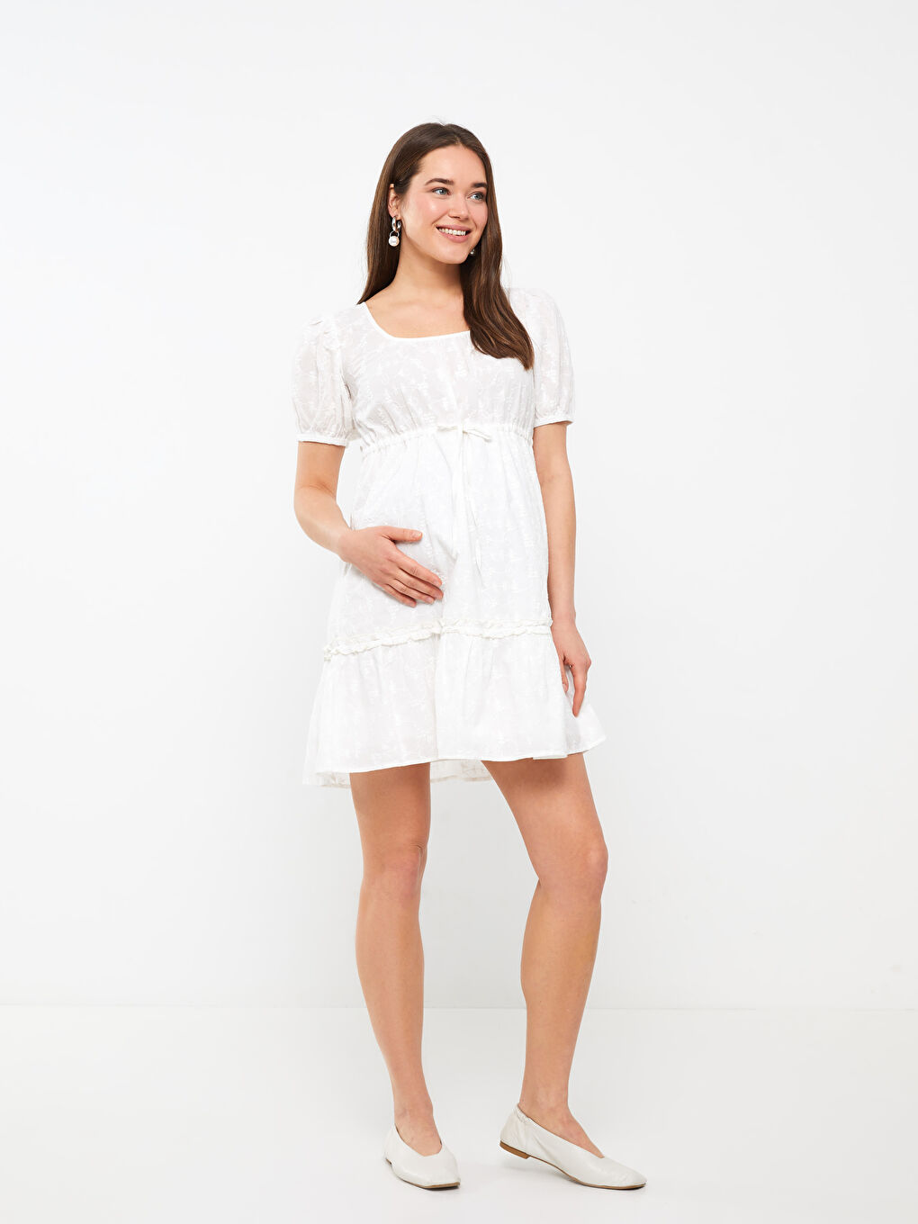 LCW U Neck Embroidered Short Sleeve Maternity Dress -S31506Z8-E5X