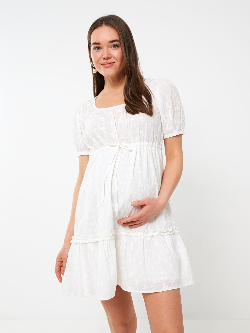 LCW U Neck Embroidered Short Sleeve Maternity Dress -S31506Z8-E5X