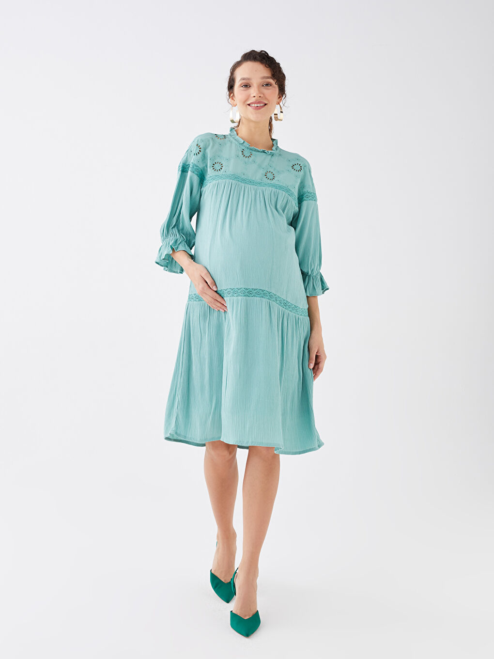 High Collar Embroidered Maternity Poplin Dress -S31508Z8-GBX