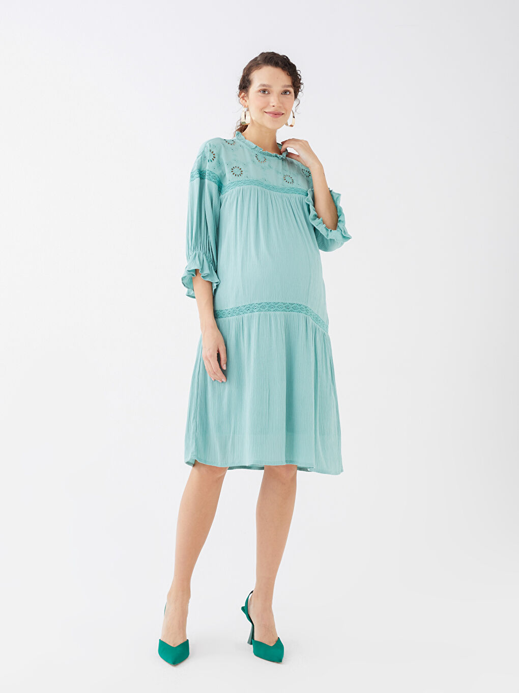 High Collar Embroidered Maternity Poplin Dress -S31508Z8-GBX