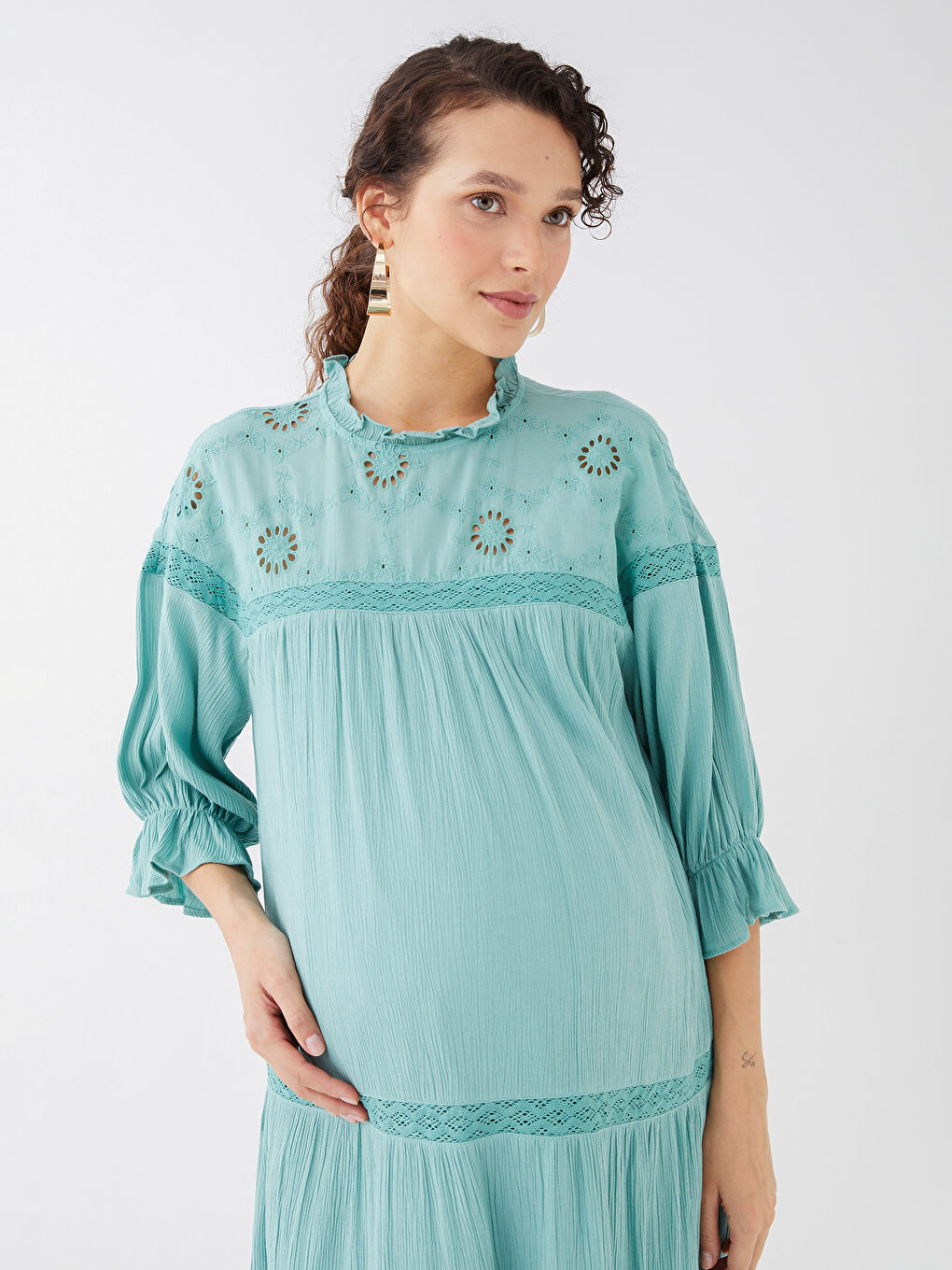 High Collar Embroidered Maternity Poplin Dress -S31508Z8-GBX