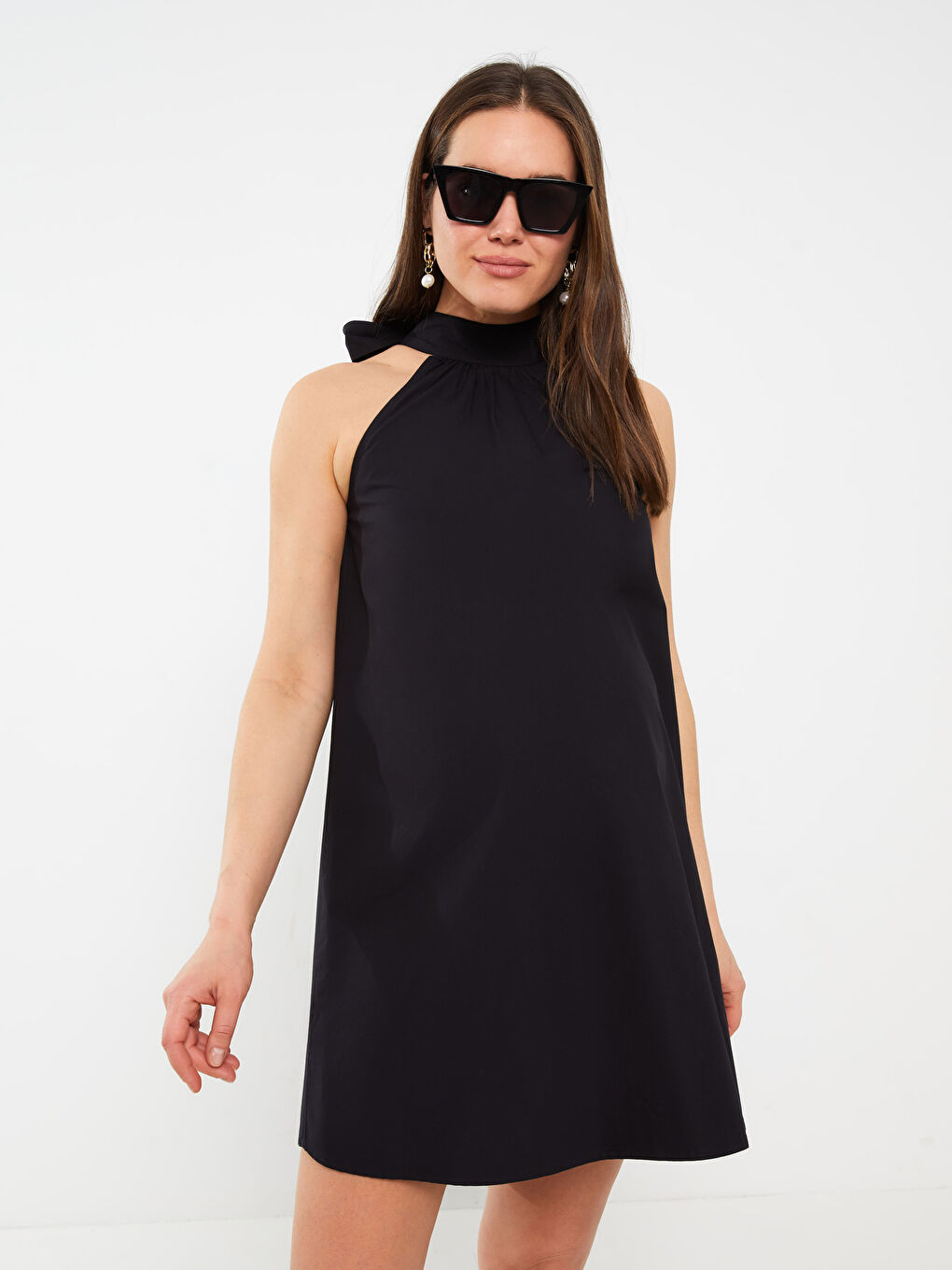 Halter Neck Plain Maternity Poplin Dress-1