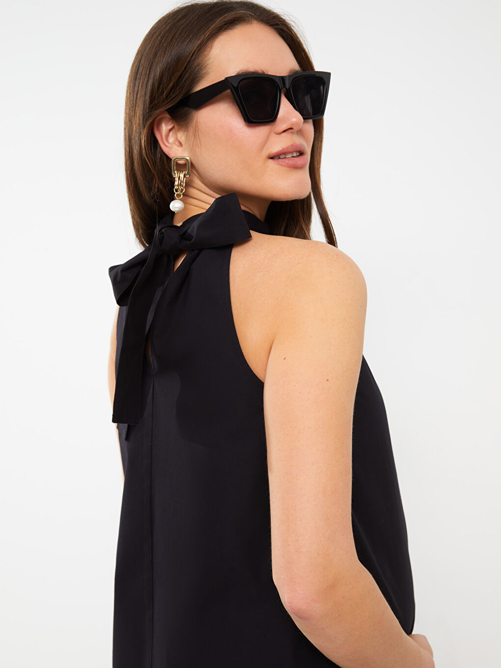 Halter Neck Plain Maternity Poplin Dress-2