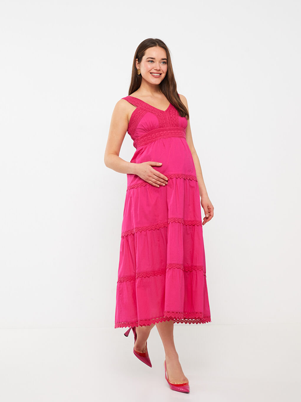 V-Neck Strapless Lace Detailed Maternity Dress