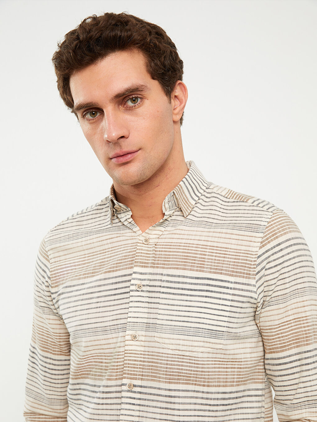 Ерлерге арналған жолақты поплин ұзын жеңді стандартты пішім жейде-1