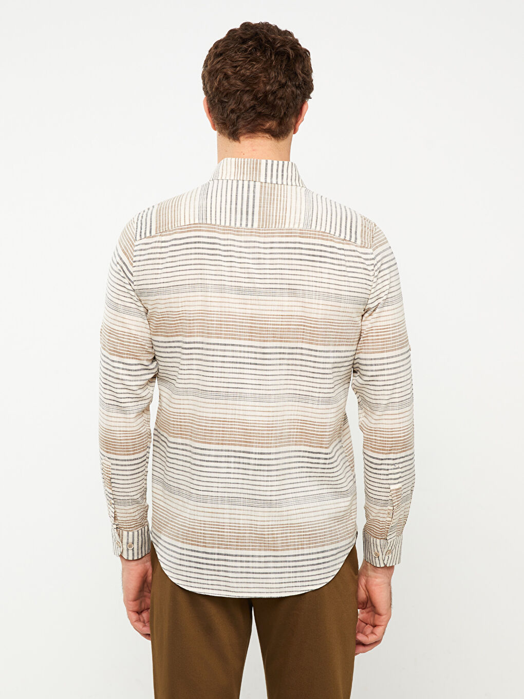 Ерлерге арналған жолақты поплин ұзын жеңді стандартты пішім жейде-4