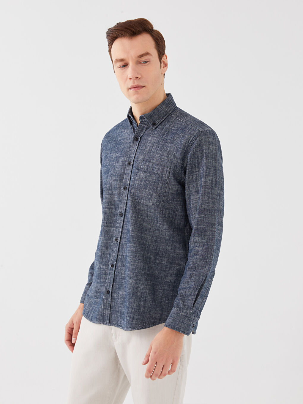 Lacivert Regular Fit Uzun Kollu Gabardin Erkek Gömlek-1