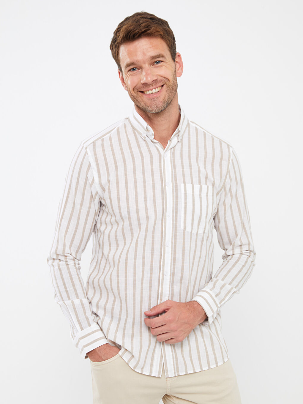 Bej Regular Fit Uzun Kollu Çizgili Erkek Gömlek