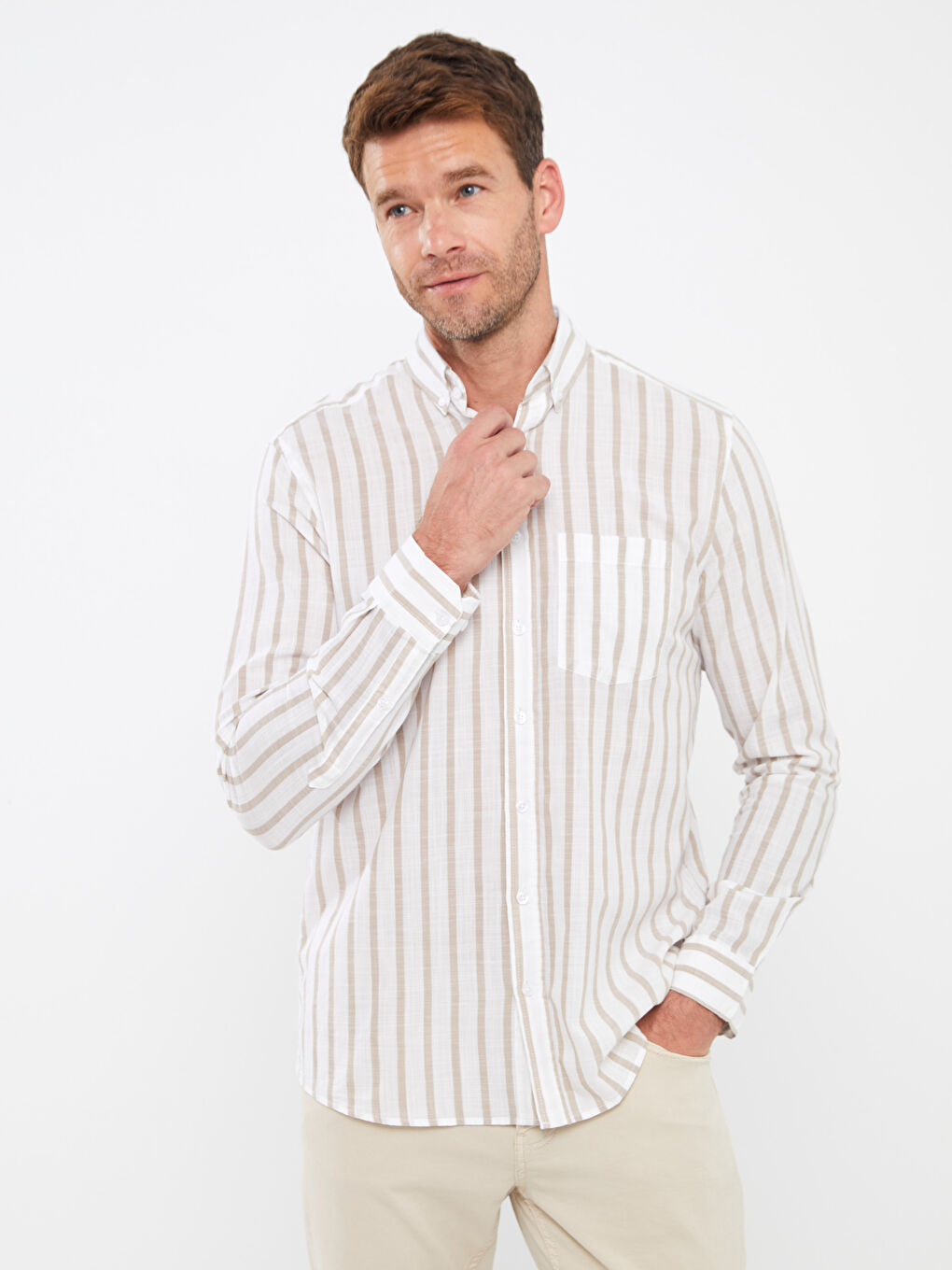 Bej Regular Fit Uzun Kollu Çizgili Erkek Gömlek-1