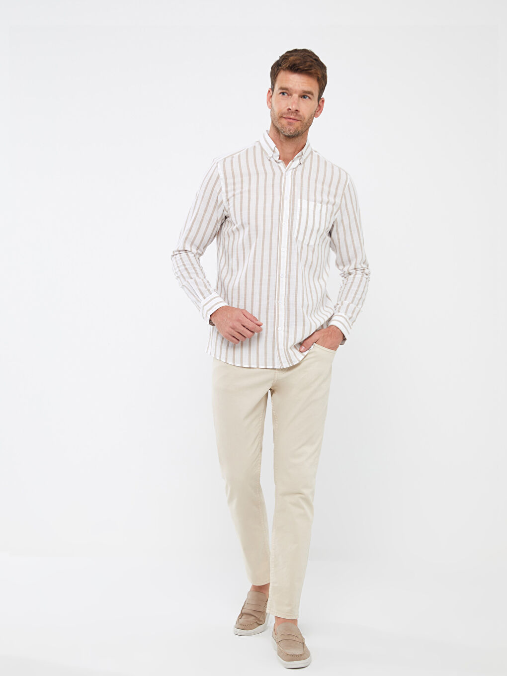 Bej Regular Fit Uzun Kollu Çizgili Erkek Gömlek-2
