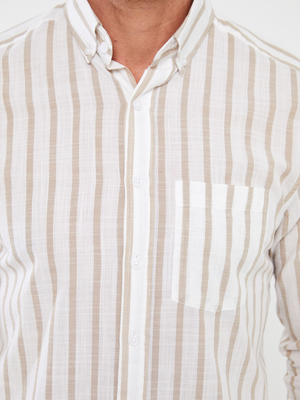 Bej Regular Fit Uzun Kollu Çizgili Erkek Gömlek-3