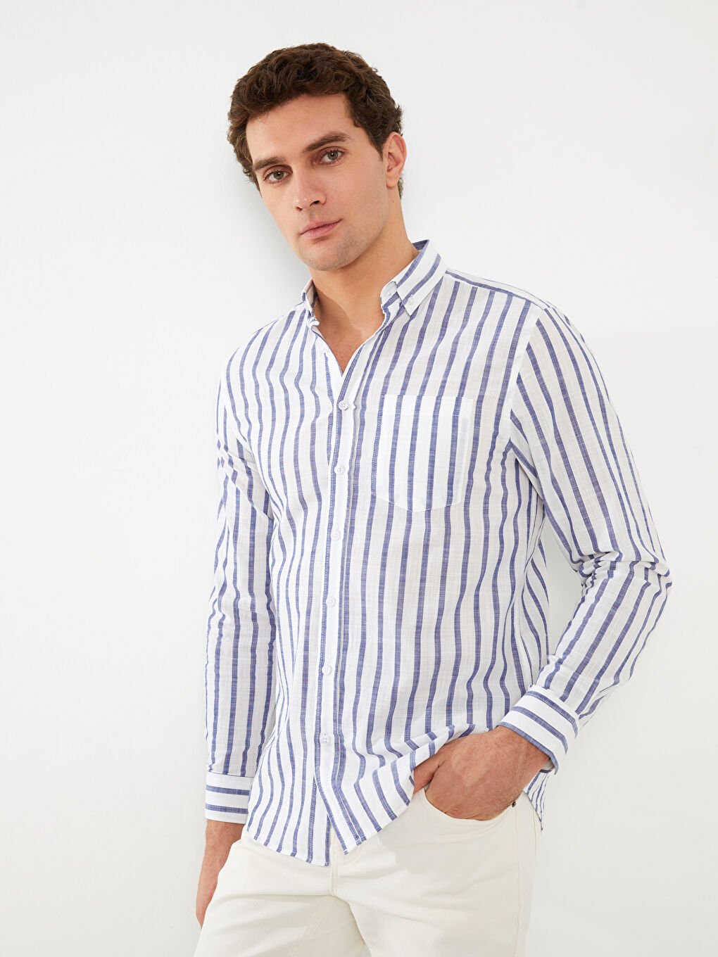 Beyaz Regular Fit Uzun Kollu Çizgili Erkek Gömlek