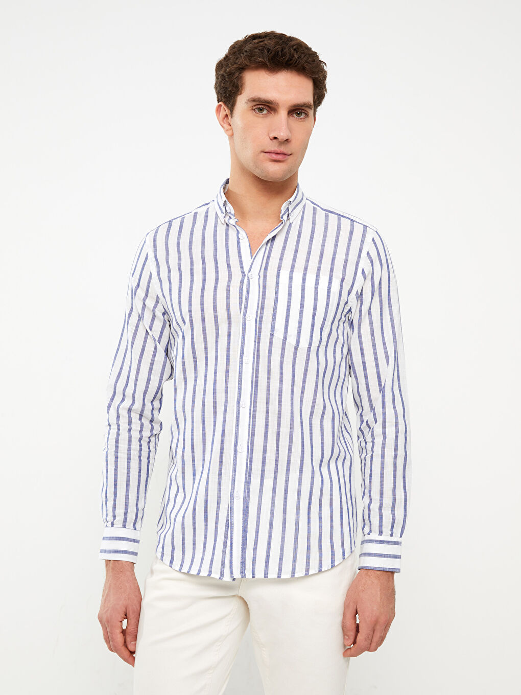 Beyaz Regular Fit Uzun Kollu Çizgili Erkek Gömlek-1