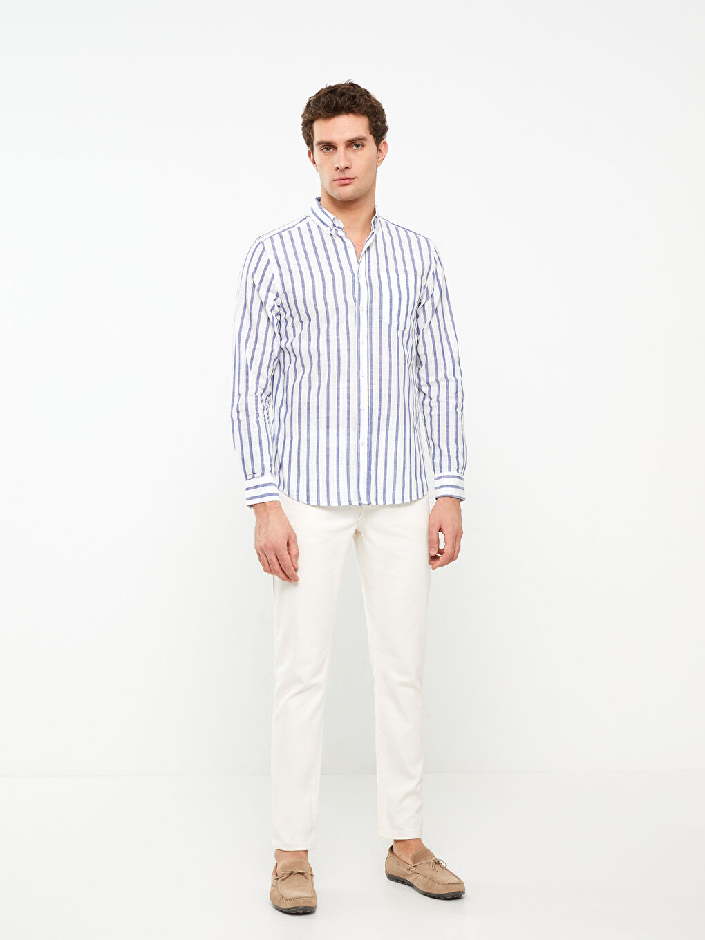 Beyaz Regular Fit Uzun Kollu Çizgili Erkek Gömlek-2