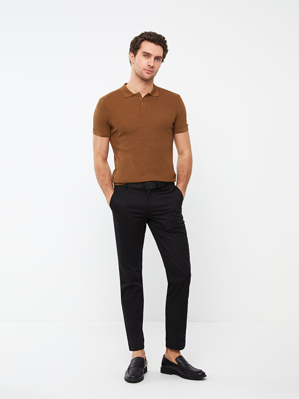 Kahverengi Polo Yaka Erkek Triko Tişört-2