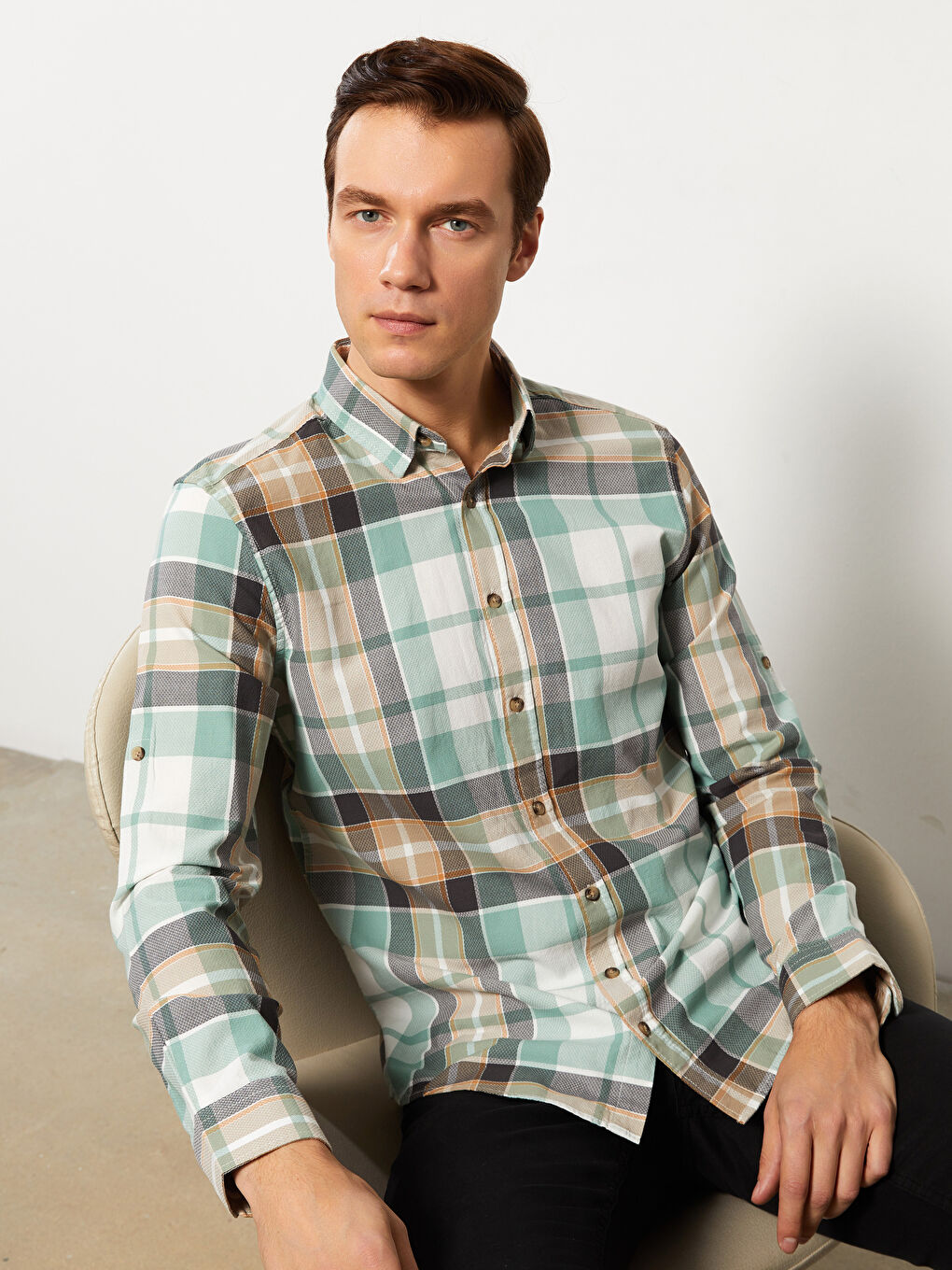 Yeşil Regular Fit Uzun Kollu Ekose Erkek Gömlek