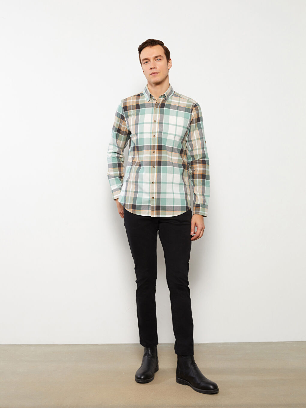 Yeşil Regular Fit Uzun Kollu Ekose Erkek Gömlek-2